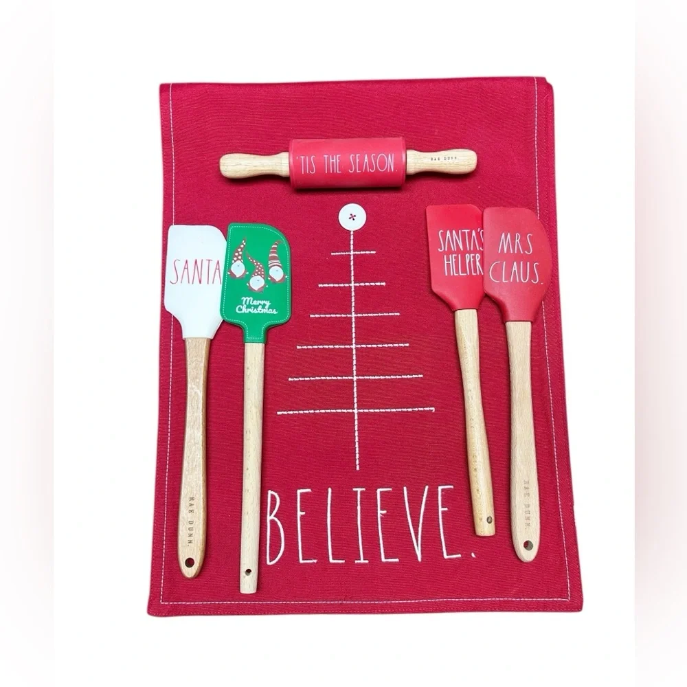 Rae Dunn Embroidered Christmas Table Runner with Spatulas and mini rolling pin